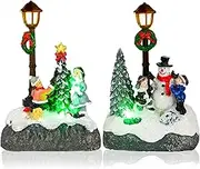 Karenhi Christmas Village Sets, 2 Pcs Snowman Tree Santa Christmas Village Scene with Figurines LED Light Xmas Accessories Tabletop Decorative Xmas Ornaments for Table Decor(Rustic Style)