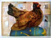 Chicken Hen Sitting on Egg Woven Paper Background Collage Art Card ACEO ATC