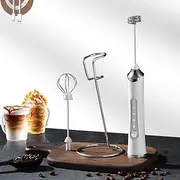 Rechargeable Milk Frother Handheld 3-Speed Electric Whisk with 2 Stainless Attachments Drink Mixer Wand for Coffee, Tea, Egg Beating (White)