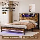 Levede Queen Bed Frame Storage Headboard Shelf Industrial RGB Light LED Charging