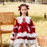 在飛比找蝦皮購物優惠-童裝2023秋季新款女童蘿莉塔Lolita公主裙酒紅色兒童蓬