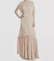 $1455 Badgley Mischka Women Beige Layered Sequin Feather-Trim Gown Dress Size 2