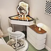 Corner Vanity with Mirror and Lights，Makeup Table Set with Chair Glass Top Vanity Table with Drawers Telescopic Dresser Vanity Desk for Women(White,60CM_B)