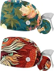 [YTYVAGT] 2-Pc,Nurse Scrub Caps,Scrub Hats with Buttons and Cotton Sweatband,Chinese Peonies Daisy Crane