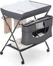BABY JOY Foldable Baby Changing Table, 4-in-1 Diaper Station w/4 Adjustable Heights & 4 Lockable Wheels, Portable Nursery Stand Organiser for Infant Newborn w/Large Storage Basket & Safety Belt, Grey