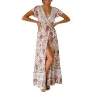 Nevenka Women Boho Summer Maxi Dress Side Split Deep V Neck Floral Dress-Ivory White