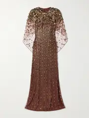 [Jenny Packham] Jenny Packham - Nettie Cape-effect Embellished Sequined Tulle Gown - Bronze - UK 6 UK 6 Metallic