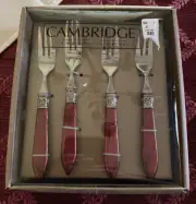 New in Box CAMBRIDGE Set of 4 Piece Cocktail Fork Set Cameo Burgundy Handles