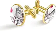 [Generic] Hand Painted Japanese Mountain Sunset Cherry Flower Print Classic Stainless Steel Cufflinks for Mens, Suit Shirt Cuff Links Jewelry Business Wedding Gifts, Golden