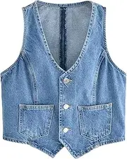 [OFFSUM] Women'S Denim Vest - Summer Front Button Denim Vest Sleeveless Single Breasted Jacket Casual V-Neck Solid Color Waistcoat Streetwear Top