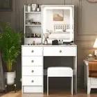 LED Dressing Table with Lights Mirror and Stool Set White Makeup Desk 6 Drawers