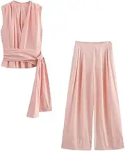 [Generic] Women's Sets High Waist Wide Leg Pants Suit Sleeveless V-Neck Bow Two Piece Set