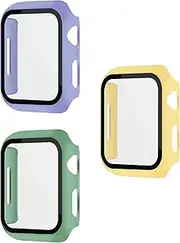 3 Pack Multi-Color Cases with Tempered Glass Screen Protector for Apple Watch Series 7 Series 8 Series 9 41mm, Yellow + Lavender Purple + Mint Green(Sage Green), Smooth Touch, Easy Installation,