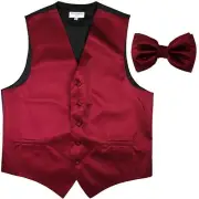 New men's tuxedo vest waistcoat + bowtie horizontal stripes prom burgundy formal
