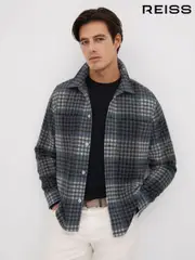 Reiss Blue Multi Duranti Brushed Check Button-Through Overshirt (Q69269) | $240