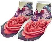[QMNVBDS] Butterfly And Rose Socks Ankle Length Socks Casual Short Socks for Women Men Low Cut Sports Socks Running Socks No Show Socks Ankle Socks Athletic Socks Workout Socks, Style, One Size
