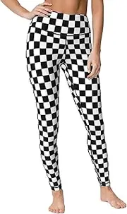 [Ykklima] Women High Waisted Leggings Black White Race Checkered Flag Pattern Yoga Pants Tummy Control for Running Sports