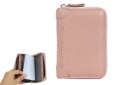 RFID Blocking Card Holder Genuine Leather Wallet with Zipper Card Case-Pink