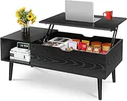 Wood Lift Top Coffee Table with Hidden Compartment and Large Storage Shelf, Lift Tabletop Dining Center Table for Home Living Room Office, Black