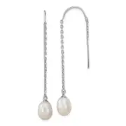 Silver Rhodium-plated 7-8mm White Teardrop FW Cultured Pearl Threader Earrings
