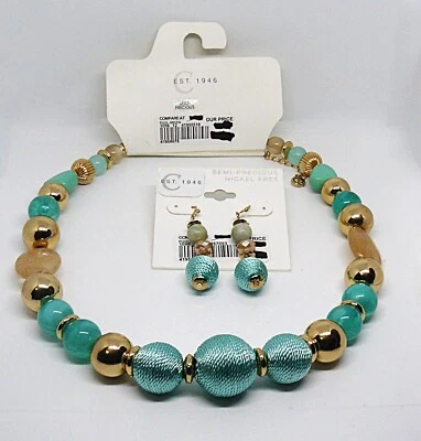 C EST 1946 Semiprecious Necklace Earrings Turquoise Color Gold Tone Pink Qtz VTG