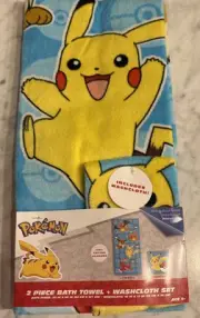 Pokemon 2 Piece Bath Towel + Washcloth Set Pikachu Charizard Eevee New 25in X 50