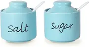 ONTUBE 8oz Sugar and Salt Bowls with Lid and Spoon, Ceramics Condiment Pots,Seasoning Jar Spice Container for Kitchen,Dishwasher Safe (Turquoise)