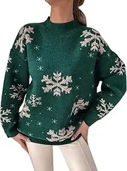 [Generic] Xmas Sweaters for Women Snowflake Print Cable Knit Sweater Casual Crewneck Long Sleeve Pullover Sweater Winter Tops