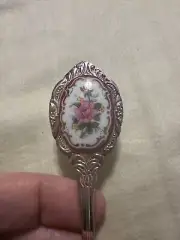 Vintage Silver Teaspoon Pink Flowers Gold Porcelain Collectible Bridgerton Spoon