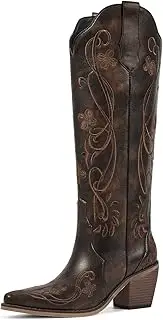 [wetkiss] Cowboy Boots for Women Knee High Cowgirl Boots, Western Boots with Floral Embroidered Pointed Toe Chunky Heel Pull On Retro Vintage Classic Tall Boots for Ladies