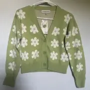 Willow and Wind Floral Cardigan Light Green White Pink V-Neck Long Sleeve XS