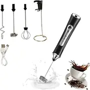 Rechargeable Milk Frother with 3 Heads, Handheld Electric Foam Maker Waterproof Detachable Stainless Steel Whisk Drink Mixer Foamer with for Lattes, Cappuccino, Black Stand