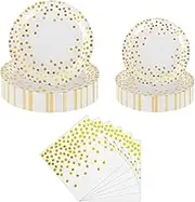 Happy Birthday Paper Plates - 7 Inch White Gold Dot Paper Plates and 6.5 Inch Napkins with 6.3 Inch Forks Reusable Tableware Set for Birthday Party Decorations (White Background)