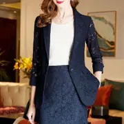 品質蕾絲西裝套裝女韓版2022春秋新款氣質春季鏤空藍色小西裝套裙