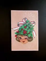 L593 Vtg Unused Marjorie M. Cooper Xmas Greeting Card Girl Glittered Mistletoe