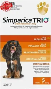 Simparica Trio Flea, Tick & Worming Chews for Dogs 5.1-10kg, Orange (Pack of 3)