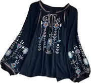 [Tadill] Embroidery Blouse for Women with Tassel String Casual Tops Bohemian Blouse