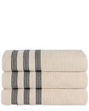 Superior Set of 3 Brea Zero Twist Cotton Ribbed Geometric Border Plush Bath Towels