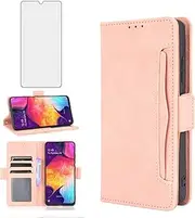 Compatible with Samsung Galaxy A50 A50S A30S Wallet Case and Tempered Glass Screen Protector Card Holder Credit ID Slot Flip Phone Cover for A 50 50S 30S S50 50A SM A505G Women Men Rose Gold