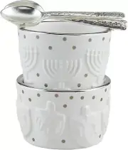 Mud Pie Hanukkah Sauce Set, tidbit 2" x 3" dia | spoon 4", SILVER
