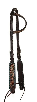 urquoise Buckstitch Browband One Ear Headstall for Horses Multi toned leather