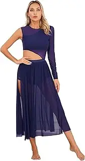 [Aislor] Womens Lyrical Dance Dress Cutout Patchwork Round Neck Dress Side Split Sheer Mesh Dresses Dancewear