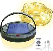 Solar Camping String Lights, 39Ft Long String, Muti-function Solar Powered and USB Rechargeable Lantern with Remote Control, 5 Light Modes Portable Lamp for Hiking, Decorations Outdoor IP44 Waterproof