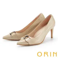 在飛比找momo購物網優惠-【ORIN】質感造型飾釦真皮尖頭高跟鞋(杏色)