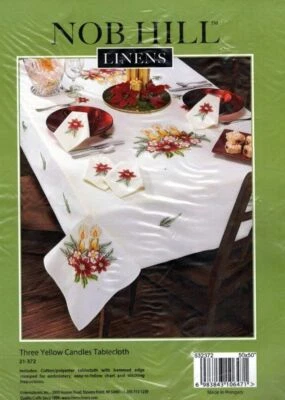 NEW NOB HILL LINENS EMBROIDERY THREE YELLOW CANDLES TABLECLOTH 50" X 50"