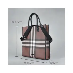 【BURBERRY 巴寶莉】BURBERRY Denny立體黑字LOGO格紋標誌PVC開口式手提斜背托特包(深褐x炭灰)