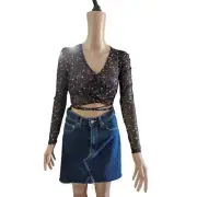 NEW Nasty Gal Sz S Fade Into You Star SHEER Wrap Mesh Long Sleeve Crop Top