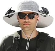 [Generic] Wide Brim Solar Fan Hat with Dual USB Fans, UPF 50+ Sun Protection for Outdoor Activities, Adjustable 3 Speed Cooling for Fishing, Hiking, Camping Rechargeable & Breathable Unisex Design (Light Gray)