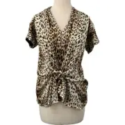 NWT Tadashi Shoji Short Sleeve V-Neck Zip/Tie Front Leopard Silk Blouse Size 14