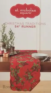 Christmas St Nicholas Square Red Holly Quilted Table Runner 13x54 in NWT
